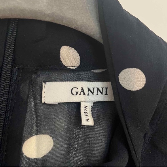 GANNI Marceau Ruffled Navy & White Polka-dot Georgette Blouse - Picture 3 of 4